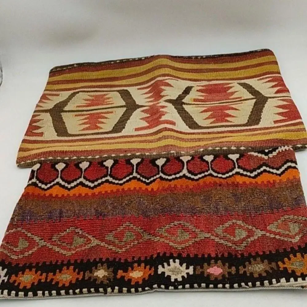 Kilim Tribal Pillow Covers Rectangle Multicolor Textured Decor Turkey Set of 2